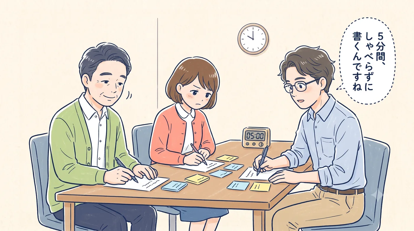 3人が5分間しゃべらずに付箋を書いている場面