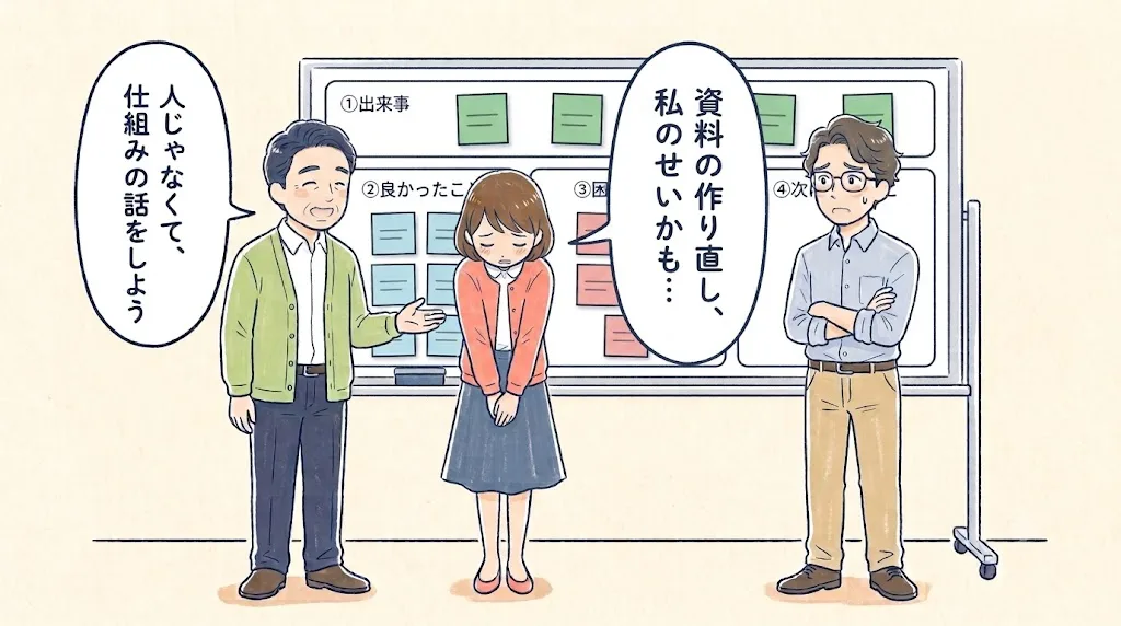 佐藤さんが「資料の作り直し、私のせいかも」とうつむき、田中さんが「人じゃなくて、仕組みの話をしよう」と声をかける場面