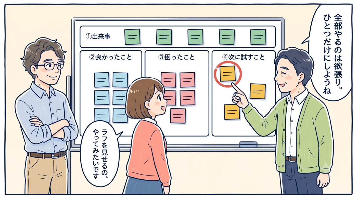 田中さんが付箋のひとつに赤丸を付け、佐藤さんが「ラフを見せるの、やってみたいです」と身を乗り出す場面