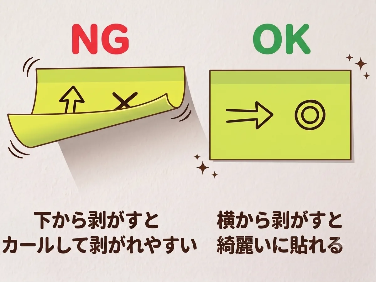 付箋を下から剥がすとカールして剥がれやすく、横から剥がすと綺麗に貼れる
