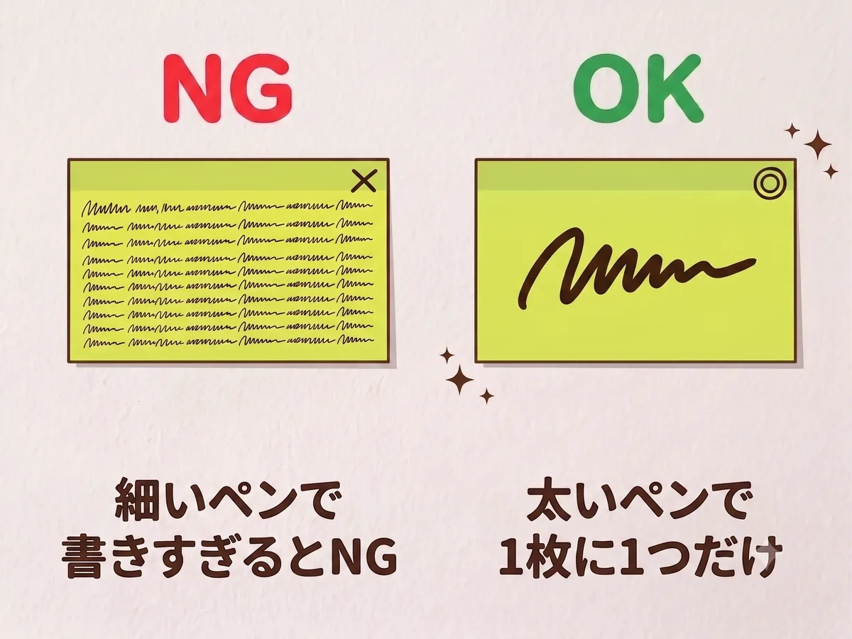 細いペンで書きすぎるとNG、太いペンで1枚に1つだけ書くとOK
