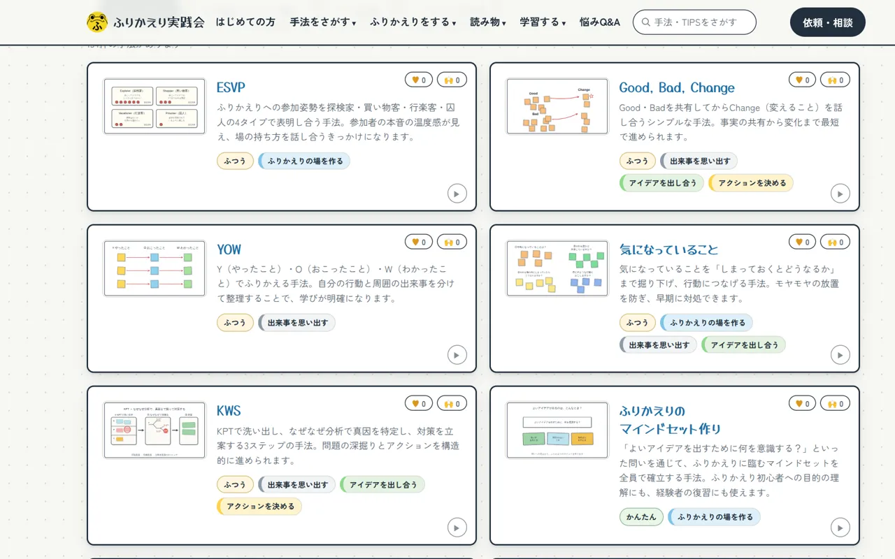 手法カタログの画面。手法カードが2列に並んでいる